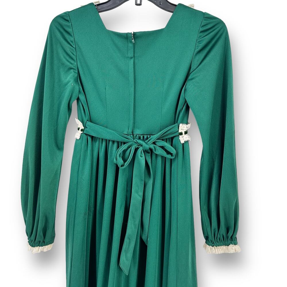Vintage Handmade Polyester Prairie Dress Gown Womens Size Small Green White Lace - Picture 5 of 6